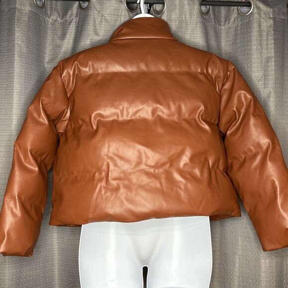 A New Day Faux Leather Cropped Puffer Jacket Brown Women’s Large - Picture 7 of 11